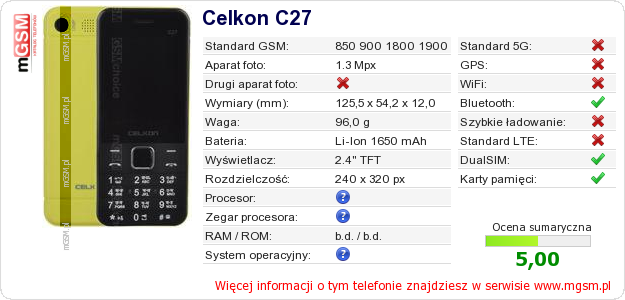 Dane telefonu Celkon C27 Dane telefonu Celkon C27