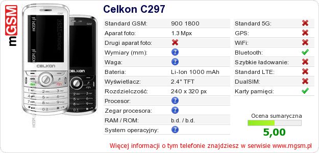 Dane telefonu Celkon C297 Dane telefonu Celkon C297