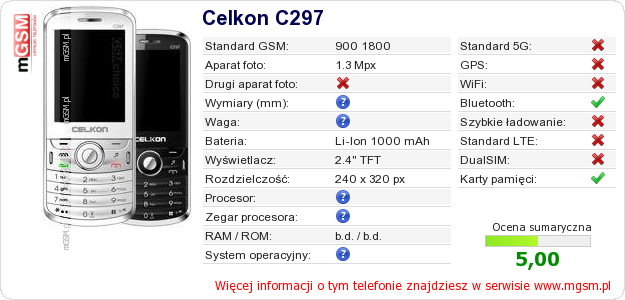 Dane telefonu Celkon C297