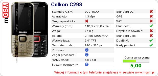 Dane telefonu Celkon C298 Dane telefonu Celkon C298