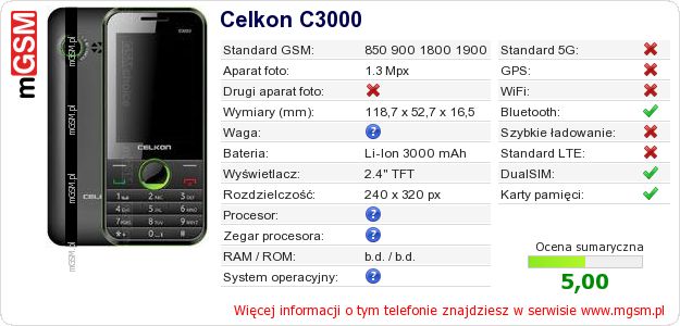 Dane telefonu Celkon C3000 Dane telefonu Celkon C3000
