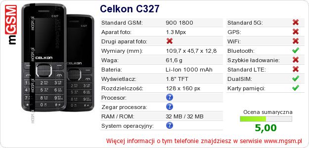 Dane telefonu Celkon C327 Dane telefonu Celkon C327