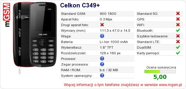 Dane telefonu Celkon C349+ Dane telefonu Celkon C349+