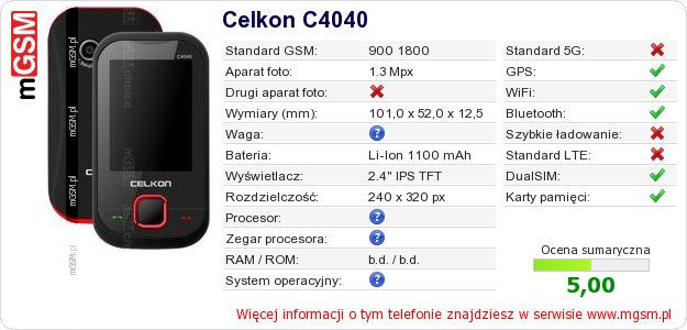Dane telefonu Celkon C4040 Dane telefonu Celkon C4040