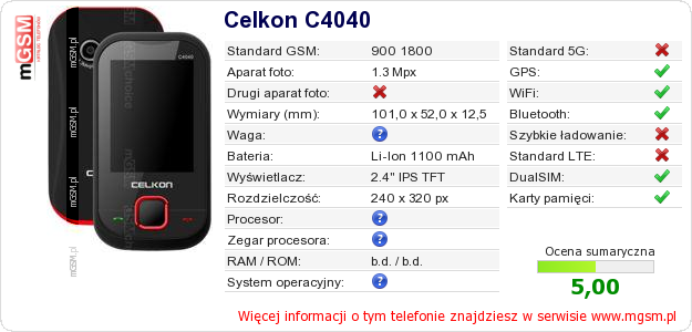 Dane telefonu Celkon C4040