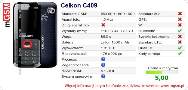Dane telefonu Celkon C409 Dane telefonu Celkon C409