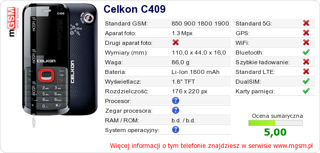Dane telefonu Celkon C409