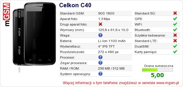 Dane telefonu Celkon C40 Dane telefonu Celkon C40