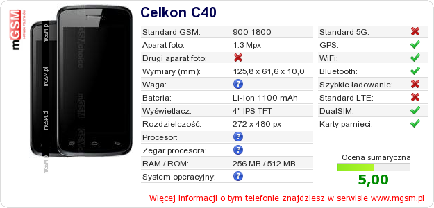 Dane telefonu Celkon C40