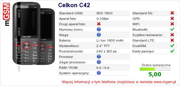 Dane telefonu Celkon C42 Dane telefonu Celkon C42
