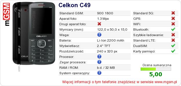Dane telefonu Celkon C49 Dane telefonu Celkon C49
