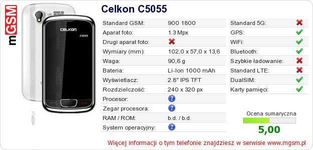 Dane telefonu Celkon C5055