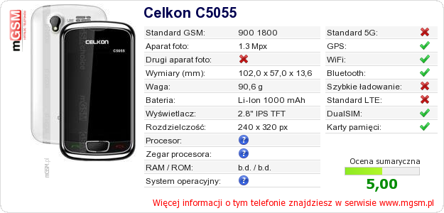 Dane telefonu Celkon C5055