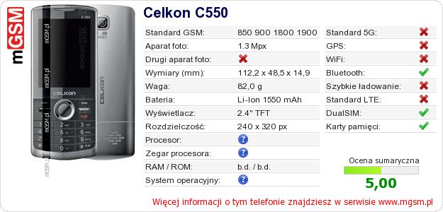 Dane telefonu Celkon C550