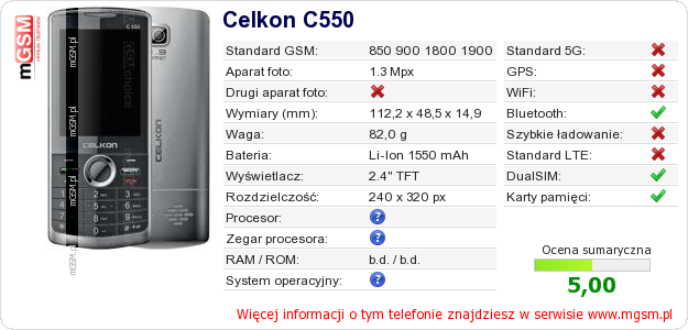 Dane telefonu Celkon C550 Dane telefonu Celkon C550
