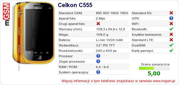 Dane telefonu Celkon C555