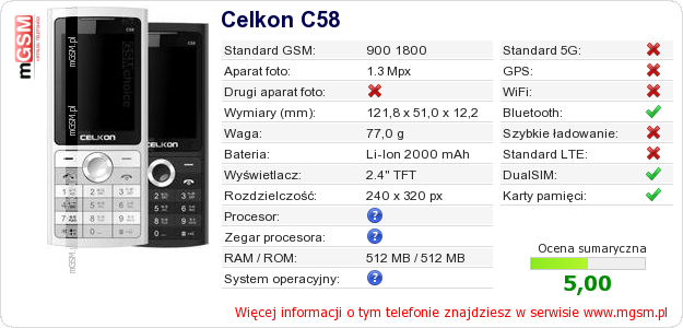 Dane telefonu Celkon C58 Dane telefonu Celkon C58