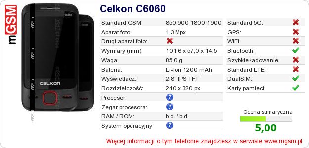 Dane telefonu Celkon C6060 Dane telefonu Celkon C6060