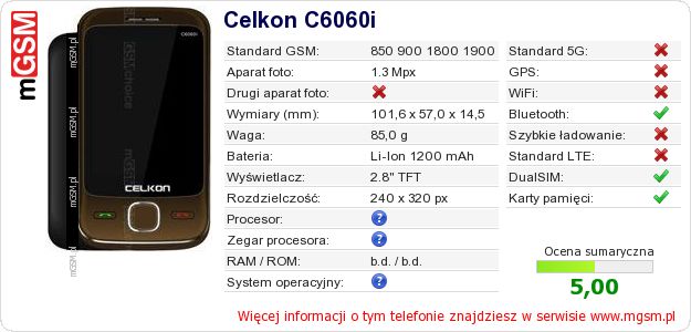 Dane telefonu Celkon C6060i Dane telefonu Celkon C6060i