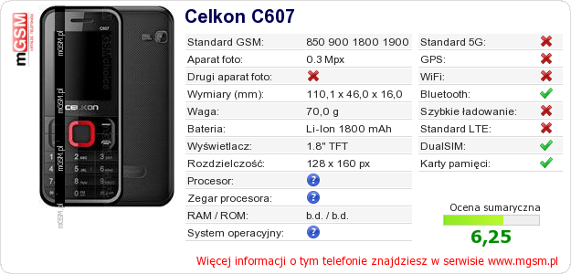 Dane telefonu Celkon C607 Dane telefonu Celkon C607