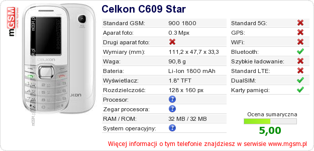 Dane telefonu Celkon C609 Star Dane telefonu Celkon C609 Star