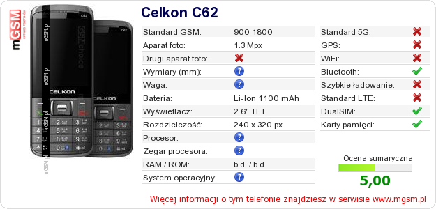 Dane telefonu Celkon C62 Dane telefonu Celkon C62