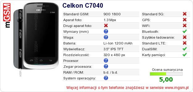 Dane telefonu Celkon C7040
