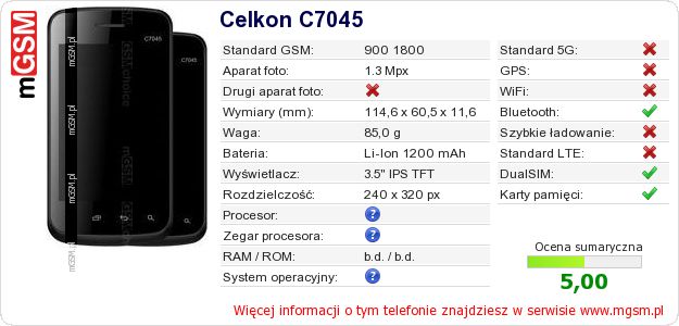 Dane telefonu Celkon C7045