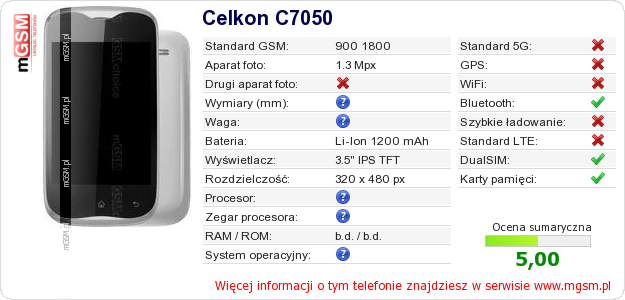 Dane telefonu Celkon C7050