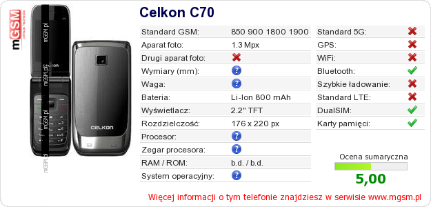 Dane telefonu Celkon C70 Dane telefonu Celkon C70