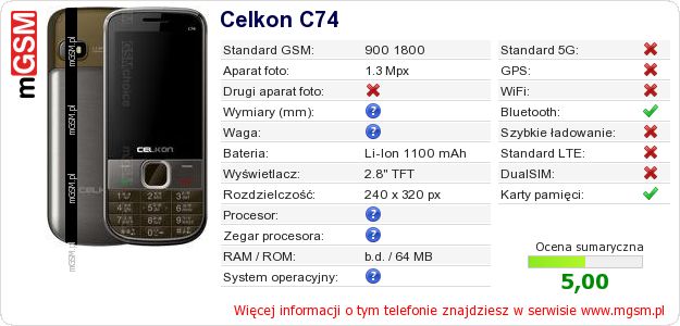 Dane telefonu Celkon C74 Dane telefonu Celkon C74