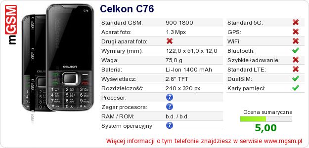 Dane telefonu Celkon C76 Dane telefonu Celkon C76