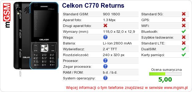 Dane telefonu Celkon C770 Returns