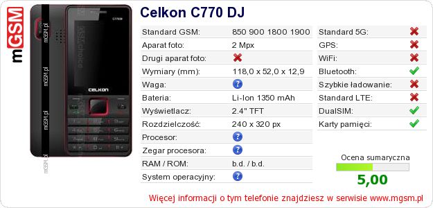Dane telefonu Celkon C770 DJ Dane telefonu Celkon C770 DJ