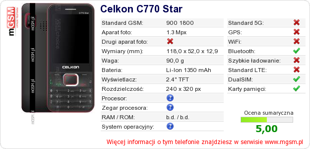Dane telefonu Celkon C770 Star Dane telefonu Celkon C770 Star