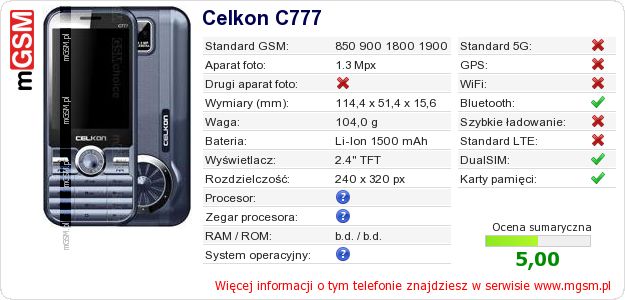 Dane telefonu Celkon C777 Dane telefonu Celkon C777