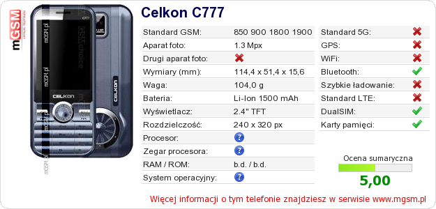 Dane telefonu Celkon C777 Dane telefonu Celkon C777