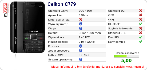 Dane telefonu Celkon C779