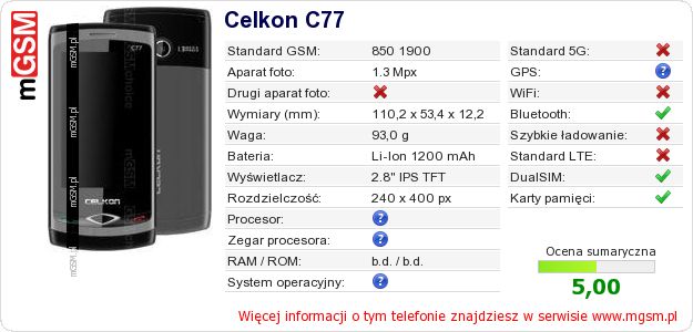 Dane telefonu Celkon C77 Dane telefonu Celkon C77