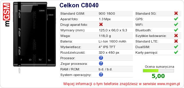 Dane telefonu Celkon C8040