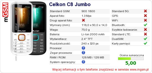 Dane telefonu Celkon C8 Jumbo Dane telefonu Celkon C8 Jumbo