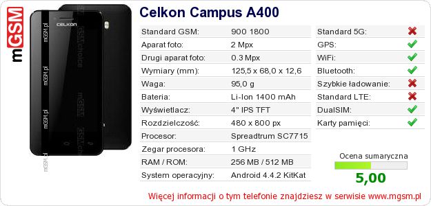 Dane telefonu Celkon Campus A400 Dane telefonu Celkon Campus A400
