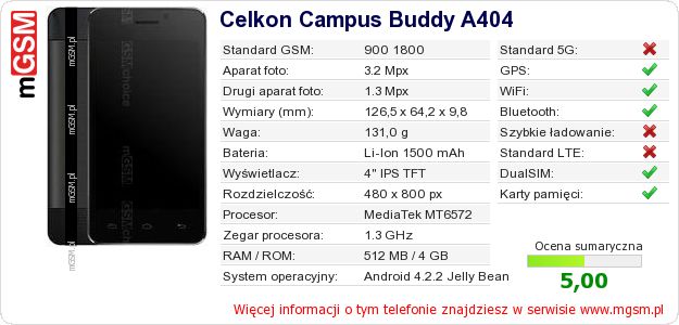 Dane telefonu Celkon Campus Buddy A404