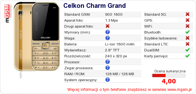 Dane telefonu Celkon Charm Grand