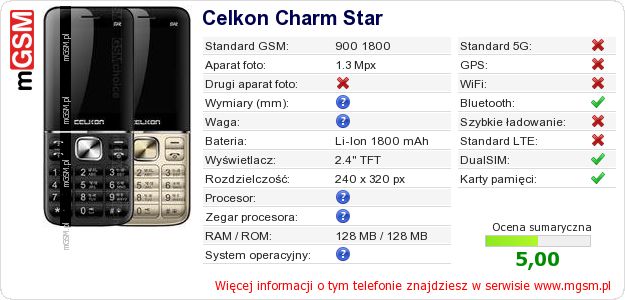 Dane telefonu Celkon Charm Star Dane telefonu Celkon Charm Star