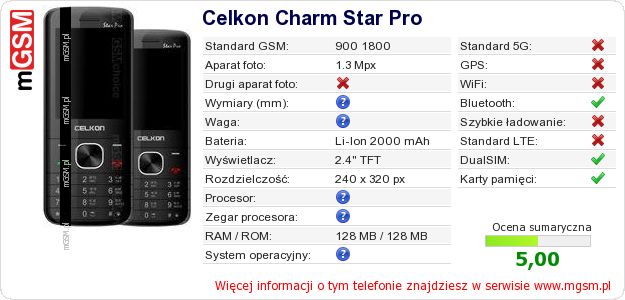 Dane telefonu Celkon Charm Star Pro Dane telefonu Celkon Charm Star Pro