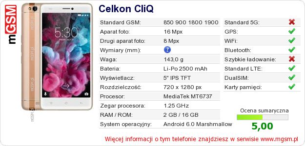 Dane telefonu Celkon CliQ