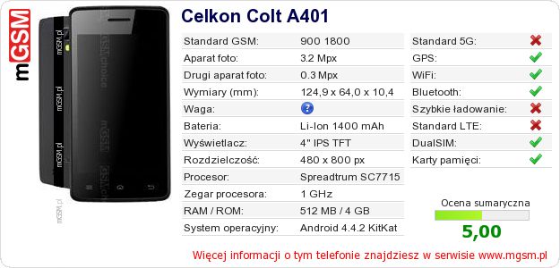 Dane telefonu Celkon Colt A401 Dane telefonu Celkon Colt A401