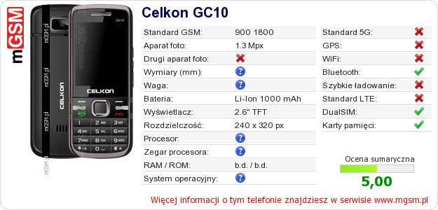 Dane telefonu Celkon GC10 Dane telefonu Celkon GC10