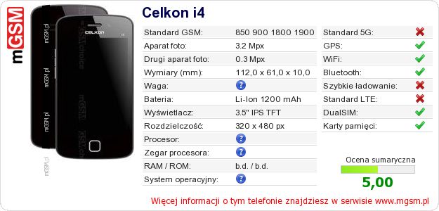 Dane telefonu Celkon i4 Dane telefonu Celkon i4
